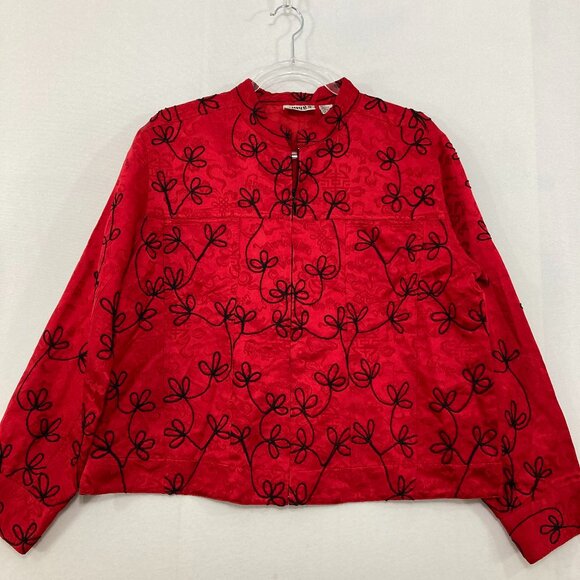 Chico's size Large/2 Red Black Floral Asian Mandarin Collar Full Zip Silk Jacket - Picture 1 of 11